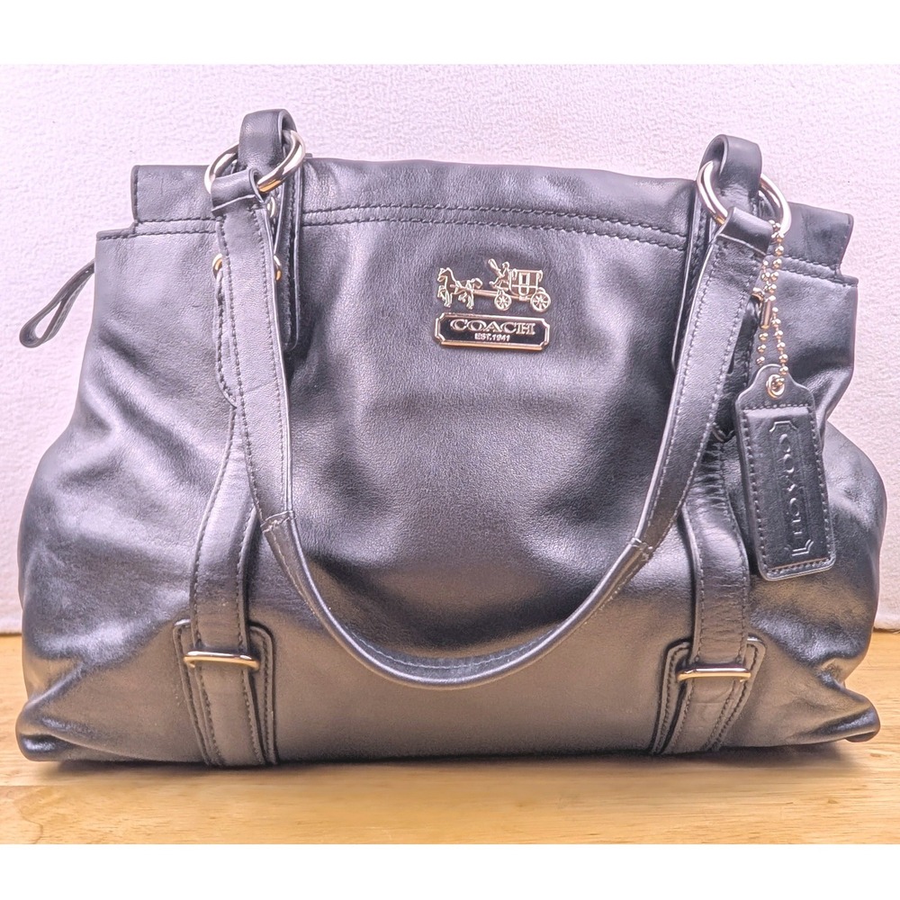 Coach Mia Caryall Satchel Black Leather Handbag Purple Lining New